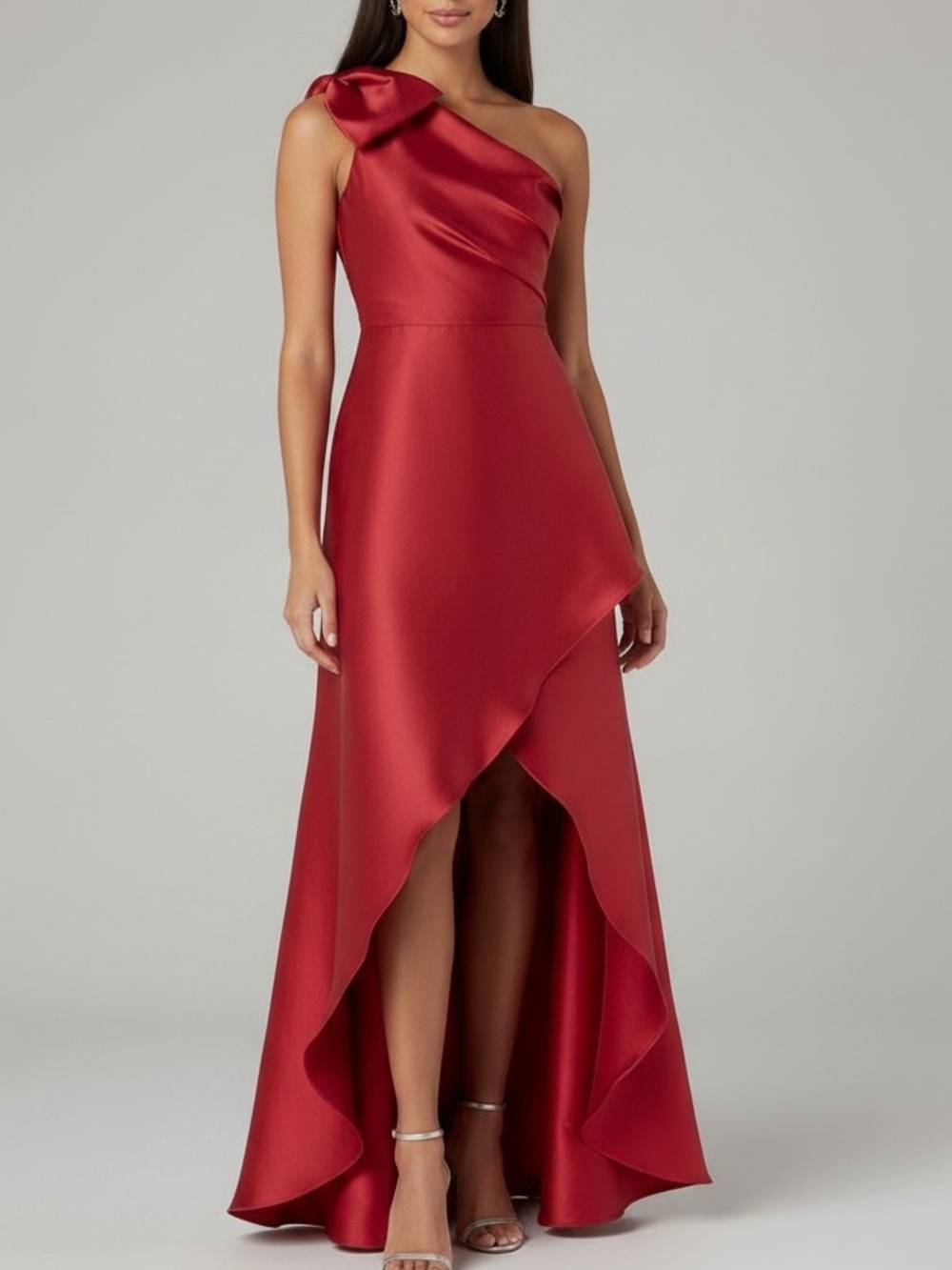 NWT ADRIANNA PAPELL Red One-Shoulder High Low Cascading Hem Dress Gown Size 6